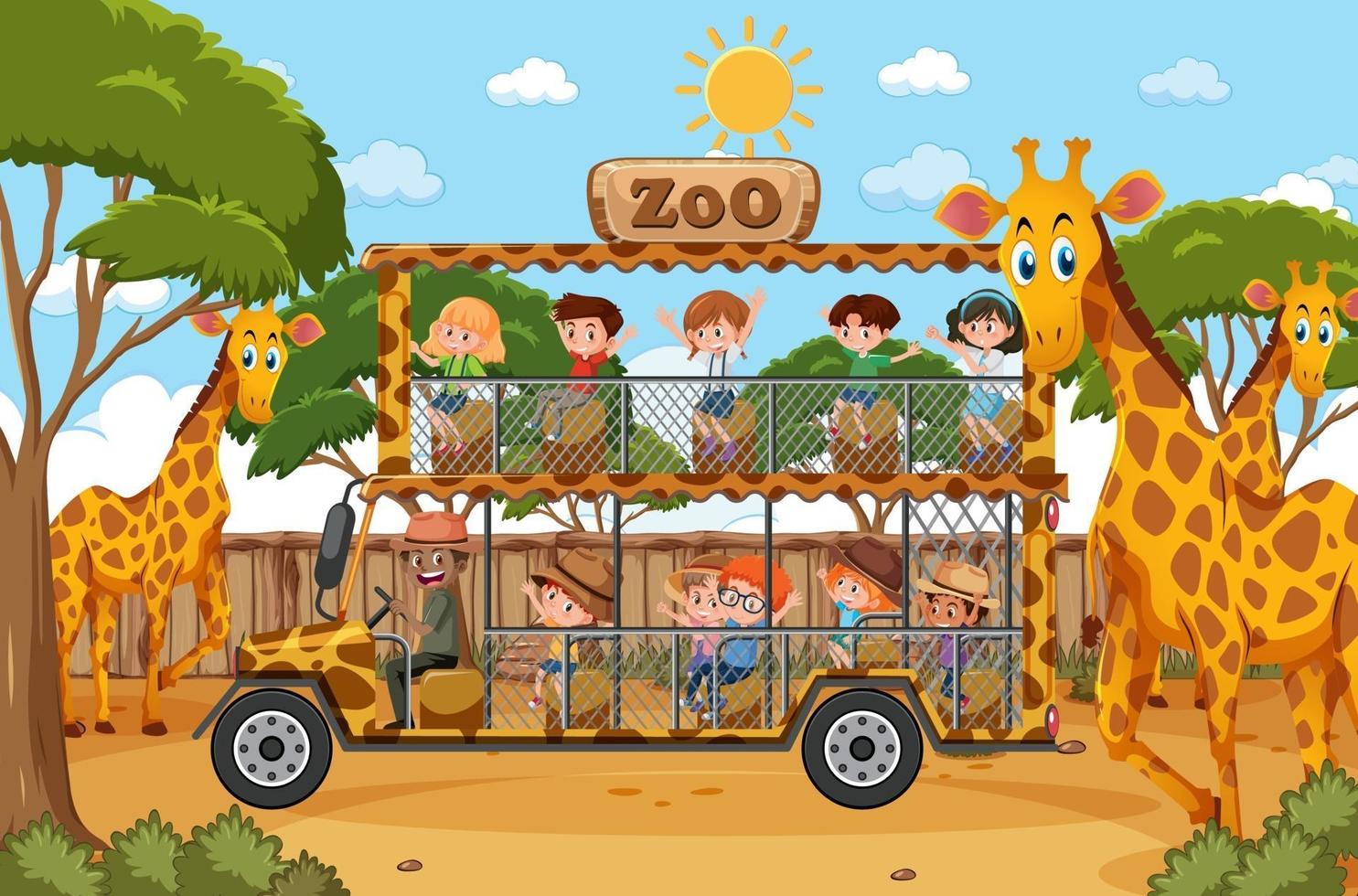 Los niños en el automóvil turístico exploran la escena del zoológico. vector