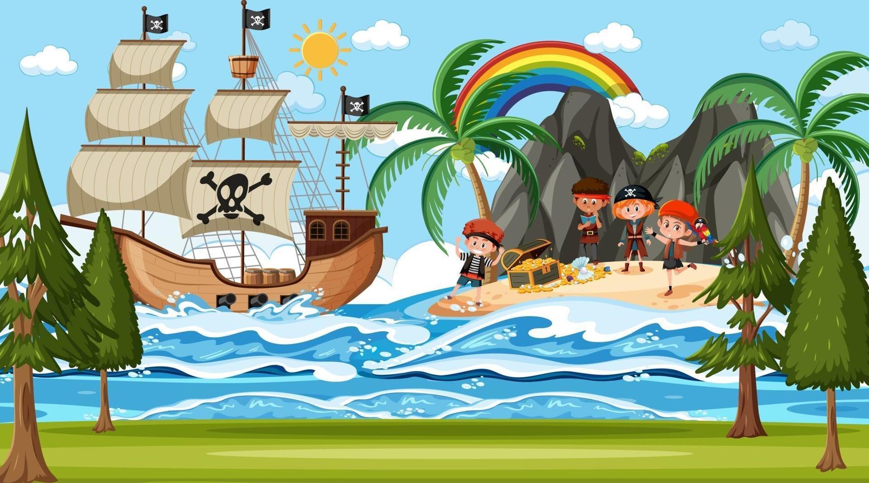 Treasure Island scene at daytime with Pirate kids vector