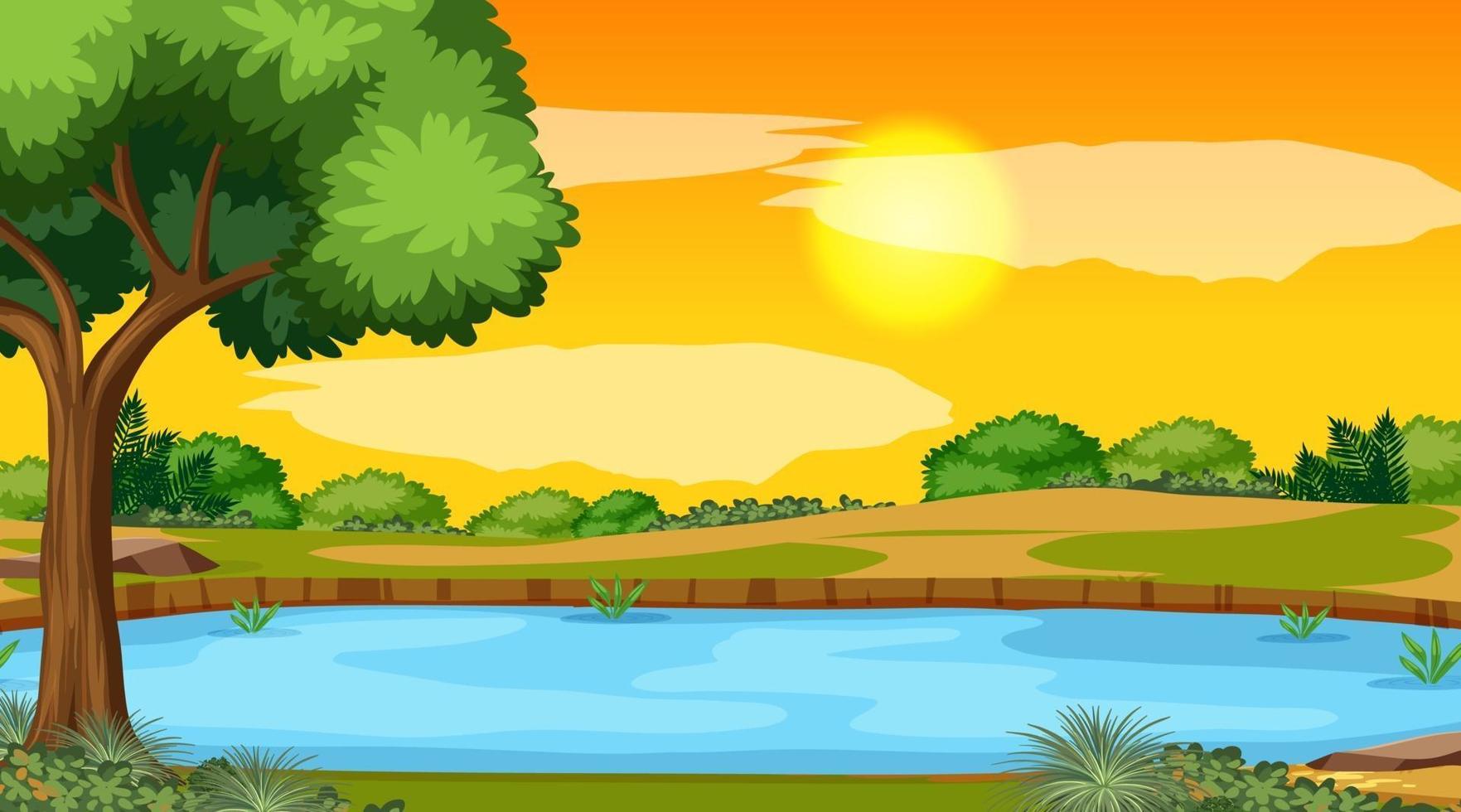 Landscape scene of forest with river and the sun going down vector