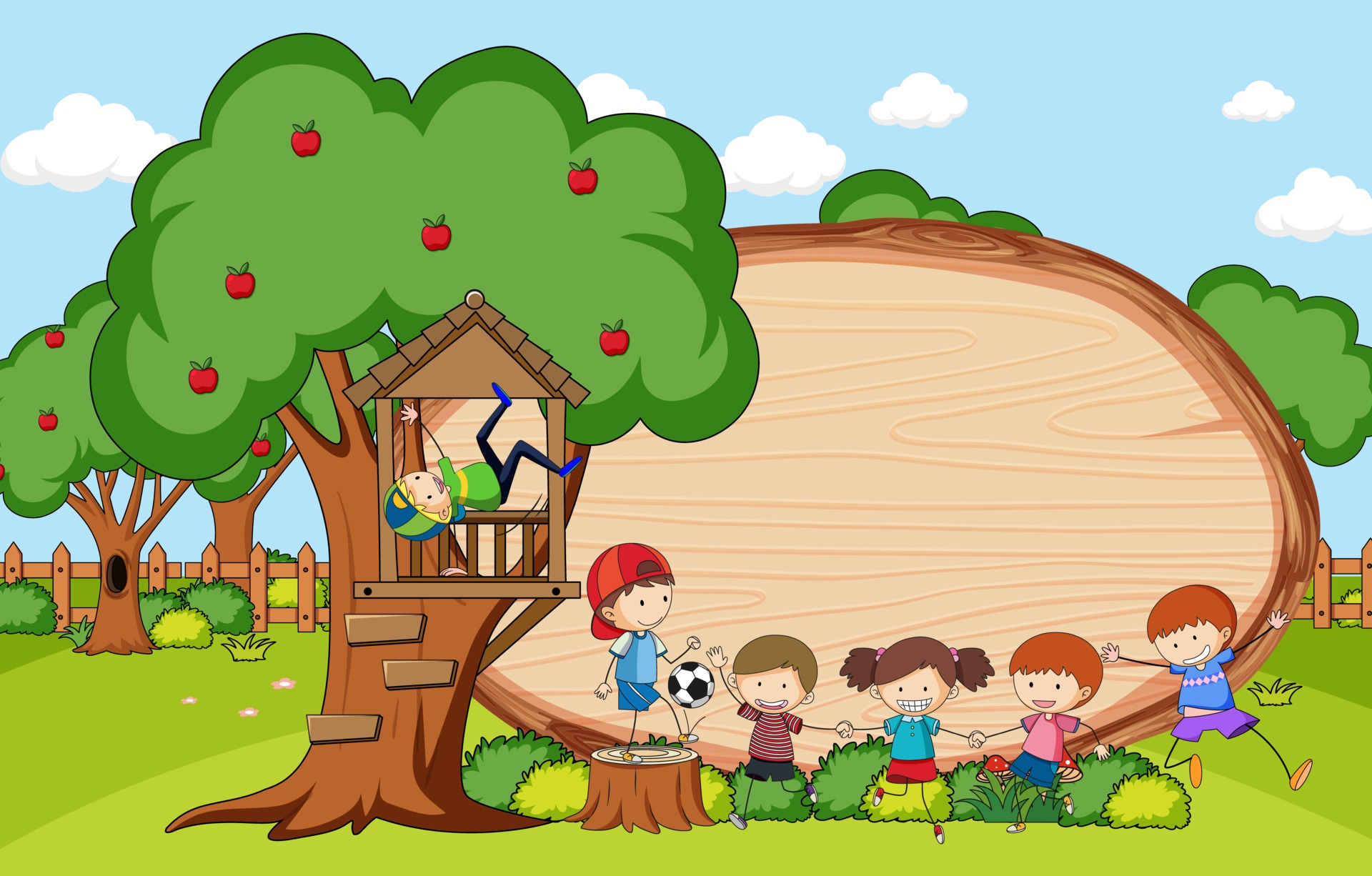 Park scene with blank wooden board in oval shape with kids doodle