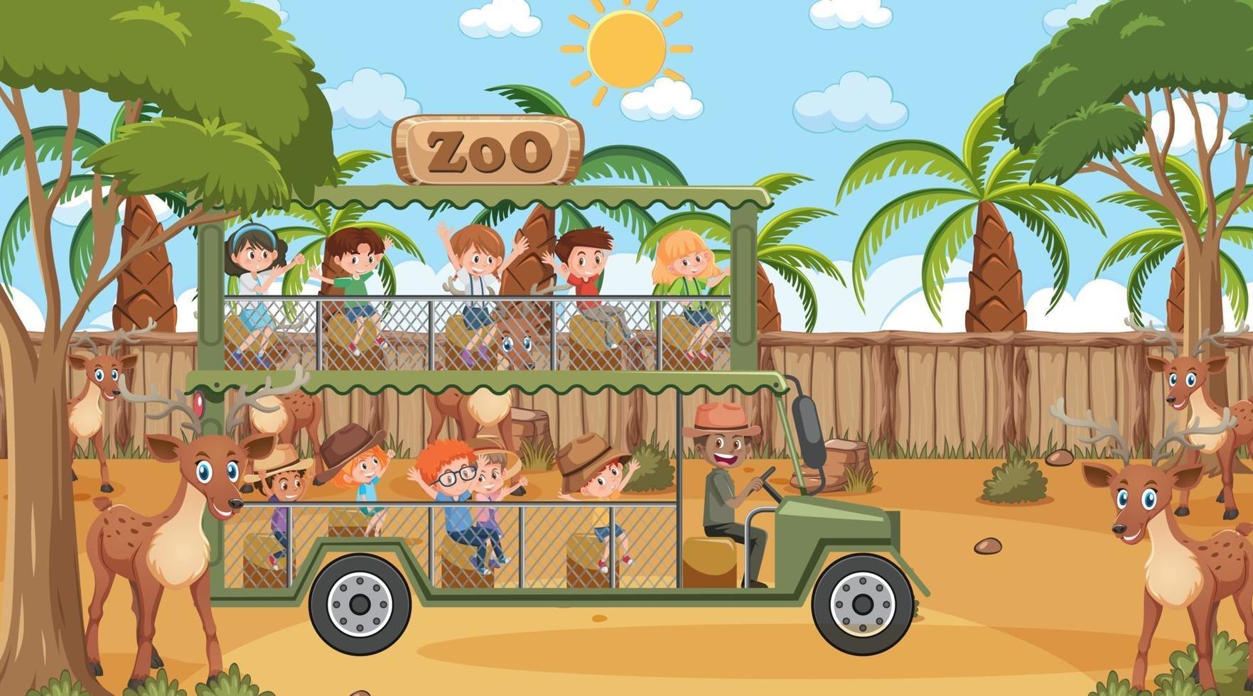 Safari en escena diurna con niños viendo grupo de ciervos. vector