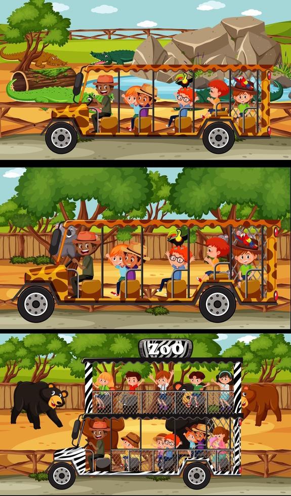 Conjunto de diferentes escenas horizontales de safari con personajes de dibujos animados de animales y niños vector