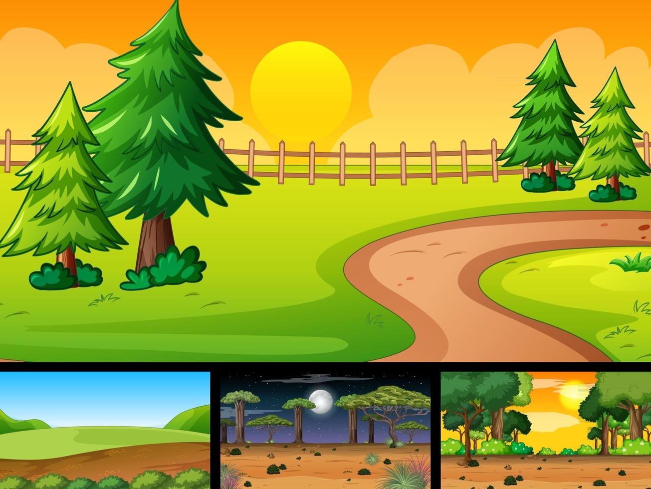 cuatro escenas diferentes de parque natural y bosque. vector