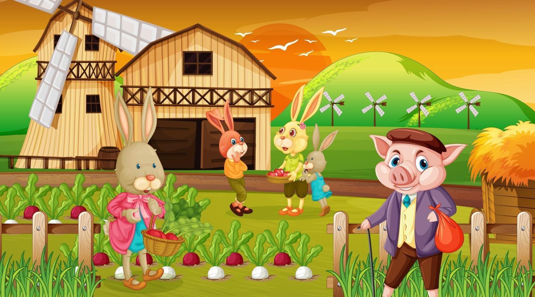granja en la escena del atardecer con una familia de conejos y un personaje de dibujos animados de cerdo vector