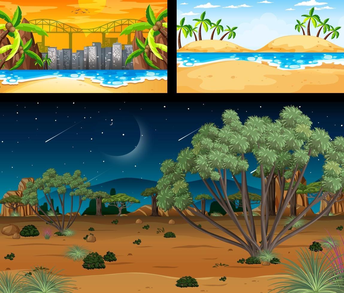 tres escenas de paisajes naturales diferentes. vector