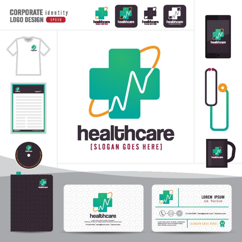 Diseño de logotipo, salud médica u hospital y plantilla de tarjeta de visita, patrón limpio y moderno. vector