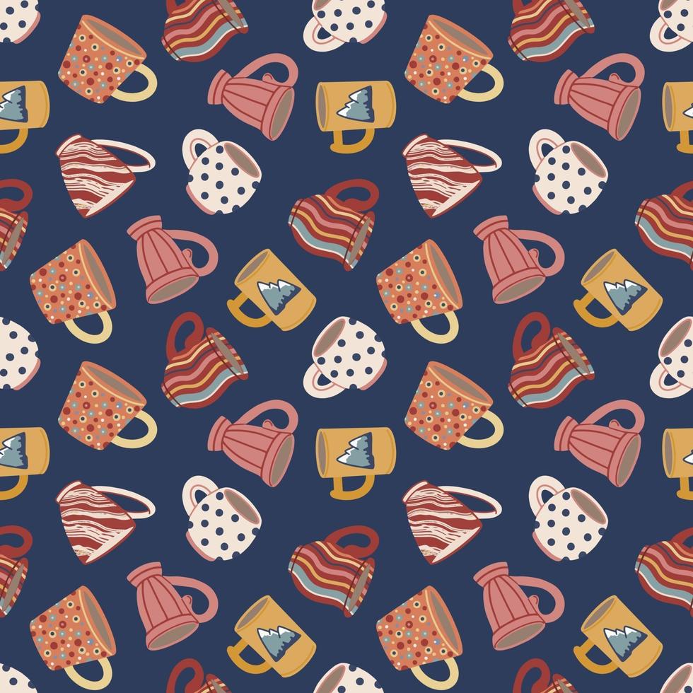 Seamless pattern with cups and mugs. Cute ceramic tableware. Design of textiles, menus, canteens, eateries, cafes and restaurants. vector