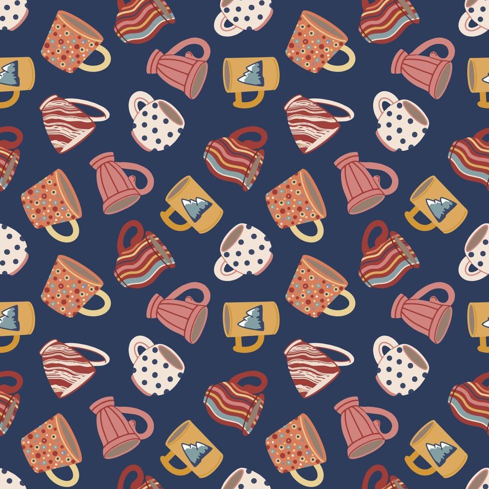 Seamless pattern with cups and mugs. Cute ceramic tableware. Design of textiles, menus, canteens, eateries, cafes and restaurants. vector