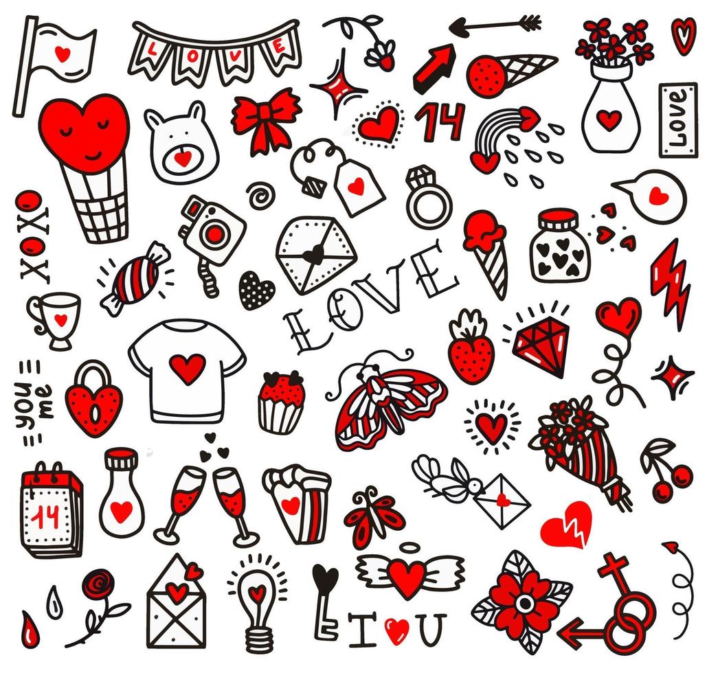 garabatos de amor del día de San Valentín. ilustración vectorial en estilo doodle. diseño para el día de san valentín, boda, tarjetas de felicitación. vector