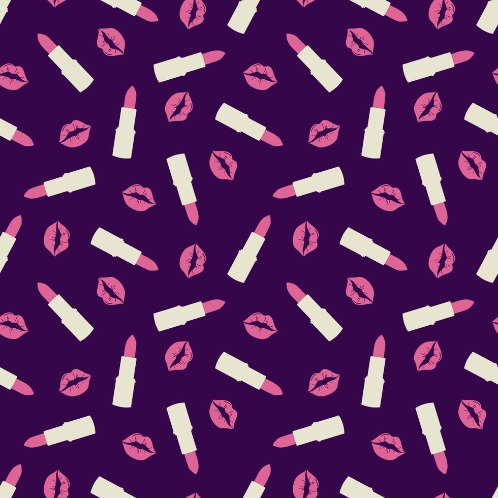 Glamorous fashion seamless pattern with lipstick and kisses on a dark background. Cosmetic seamless pattern in modern trendy colors. Design for beauty, advertising, Valentines Day. vector