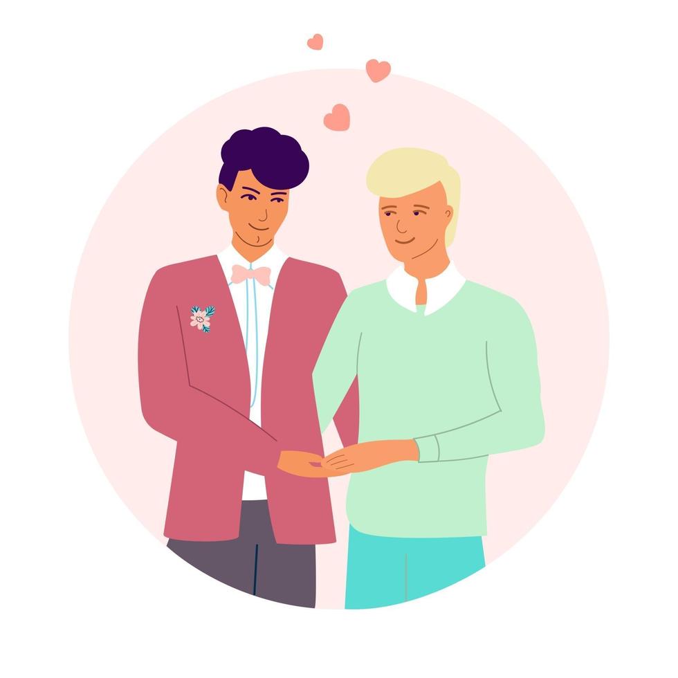 Gay newlyweds holding hands. Happy gay couple. The concept of LGBT, love and equality. Design for Valentines Day, Wedding, greeting cards. Vector cartoon illustration