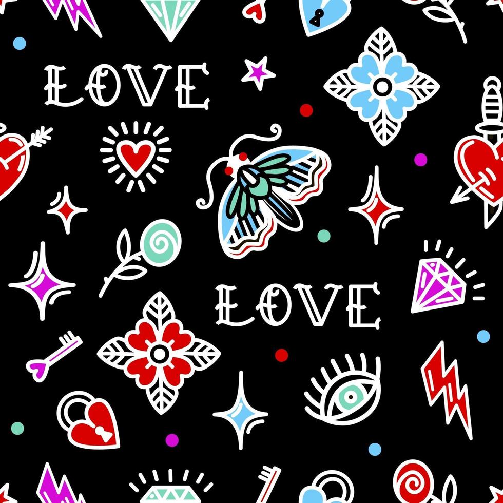 Old school tattoo seamless pattern with love symbols. Vector illustration. Design For Valentines Day, Stilts, Wrapping Paper, Packaging, Textiles