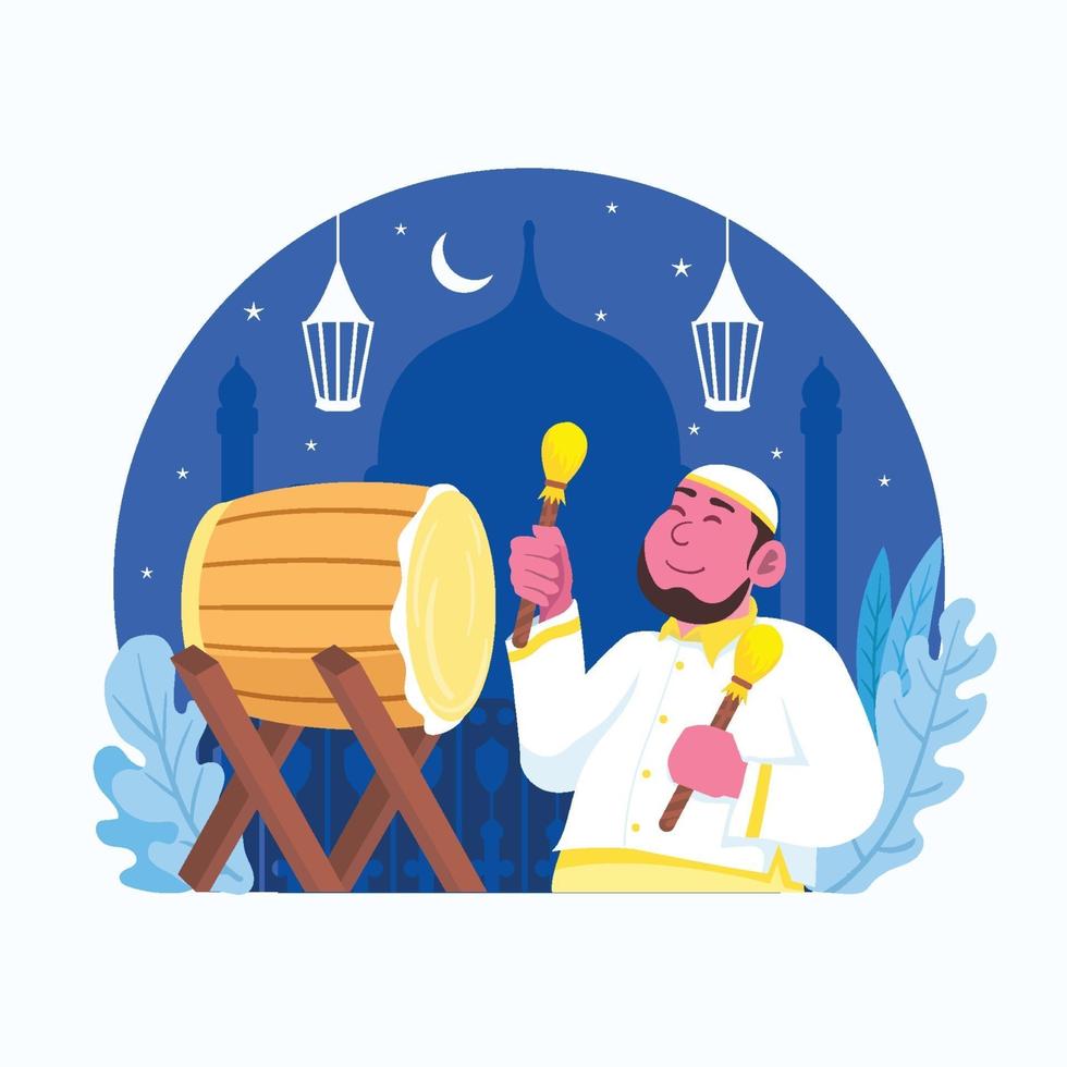 hombre tocando tambor tradicional islámico bedug vector