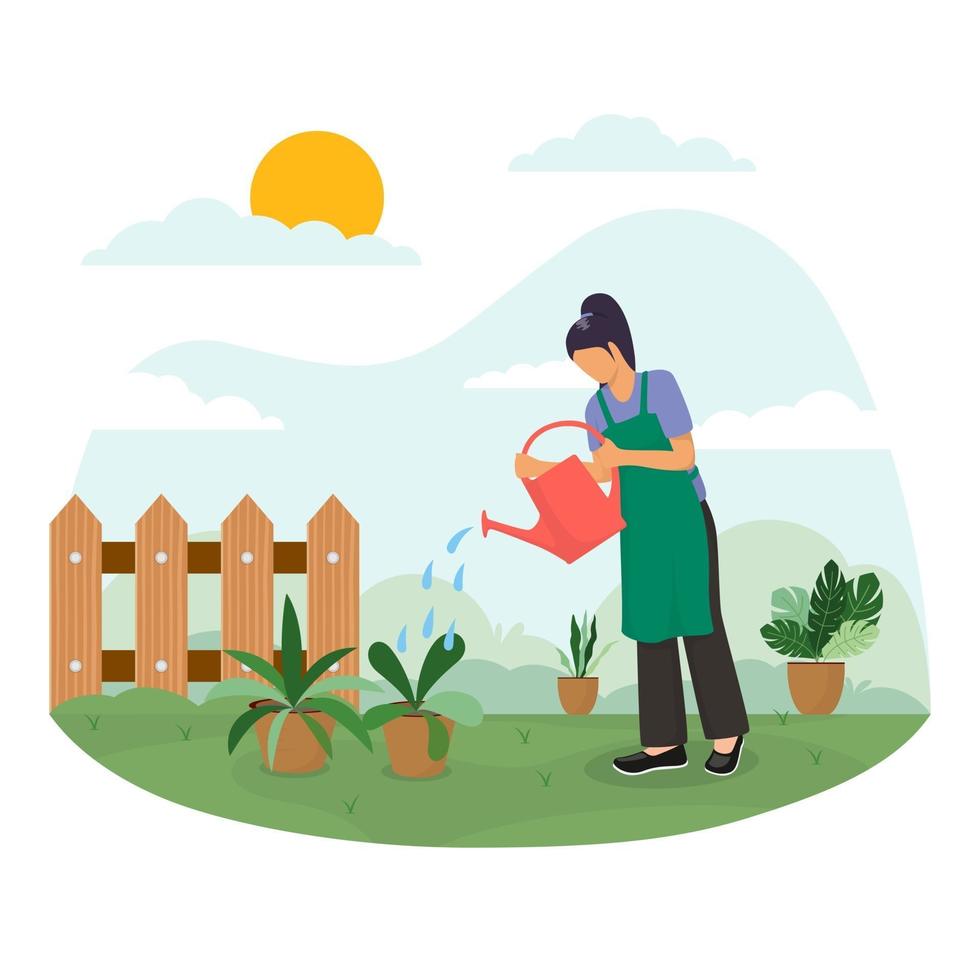 Woman Watering Plant Concept vector