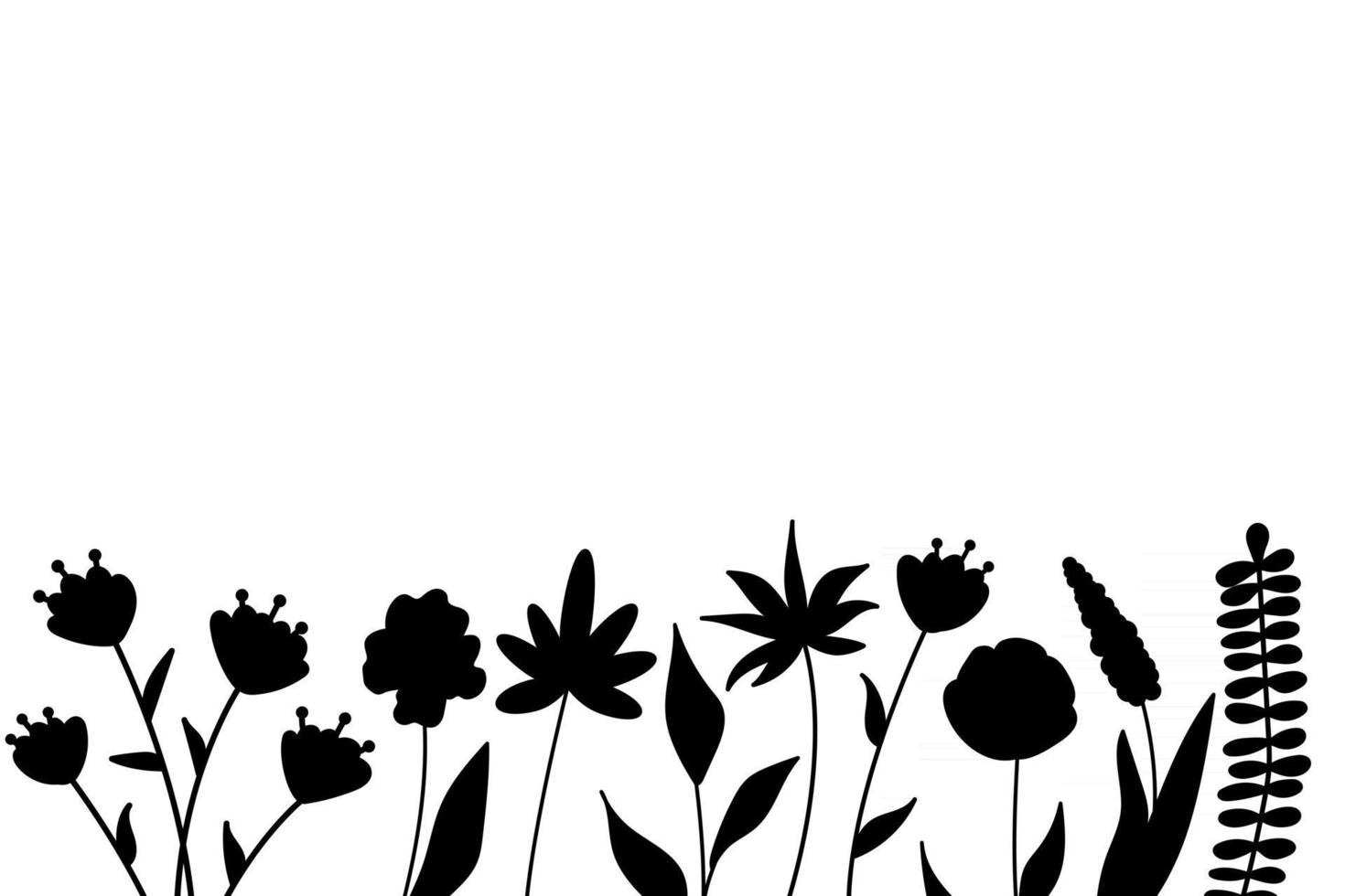 siluetas negras de hierba, flores y hierbas. elementos florales simples minimalistas. botánico natural. boceto gráfico. flores dibujadas a mano. diseño para redes sociales. contorno, línea, estilo doodle. vector