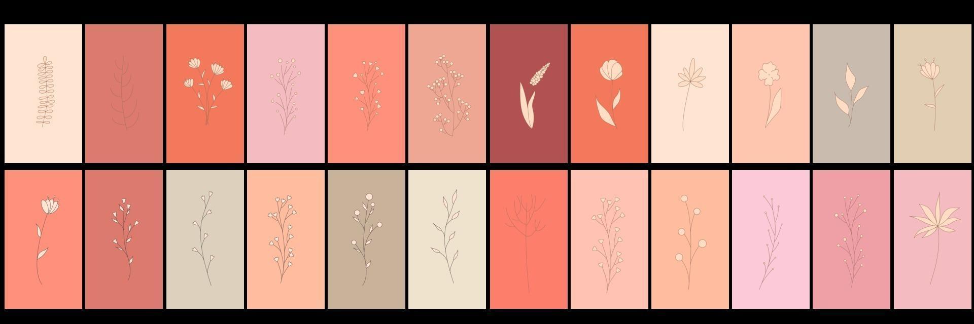 Abstract elements, minimalistic simple floral elements. Leaves and flowers. Collection of art posters in pastel colors. Design for social networks, postcards, prints. Outline, line, doodle style. vector