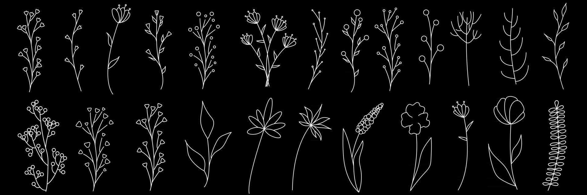 Collection of minimalistic simple floral elements. Graphic sketch. Fashionable tattoo design. Flowers, grass and leaves. Botanical natural elements. Vector illustration. Outline, line, doodle style.