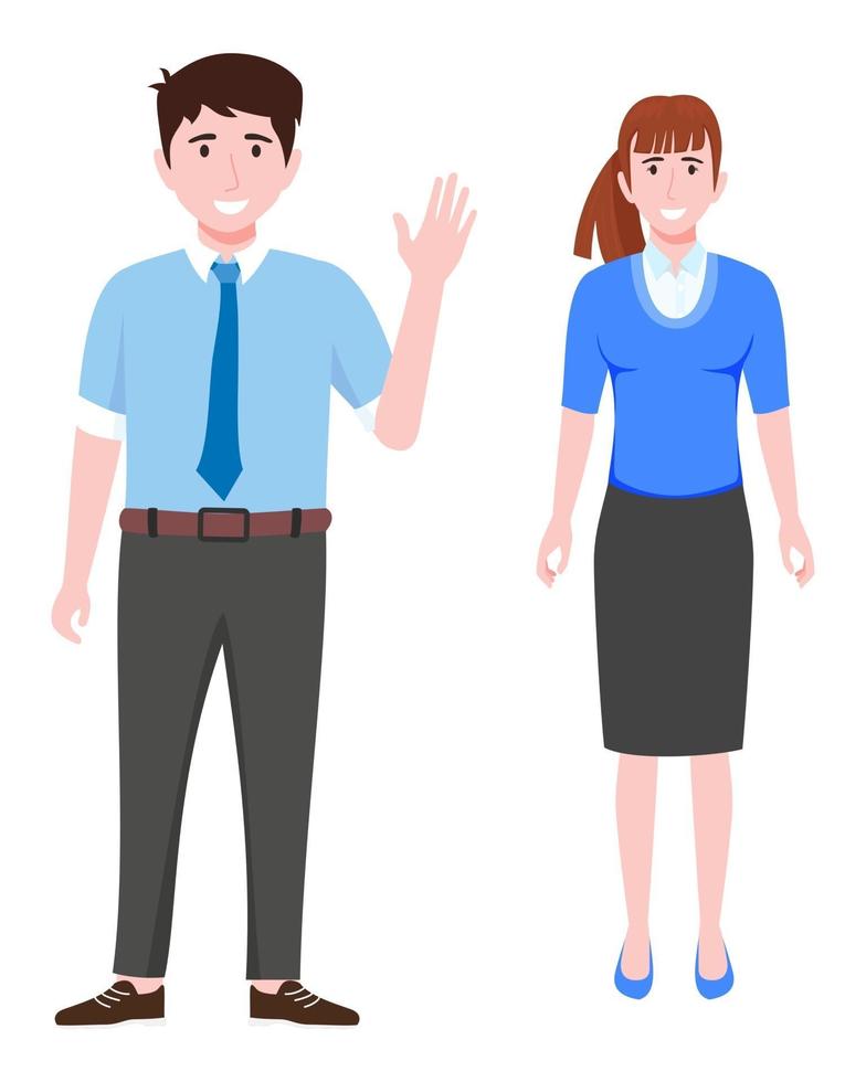 Young happy businessman and businesswoman characters wearing colorful business outfit standing and waving vector