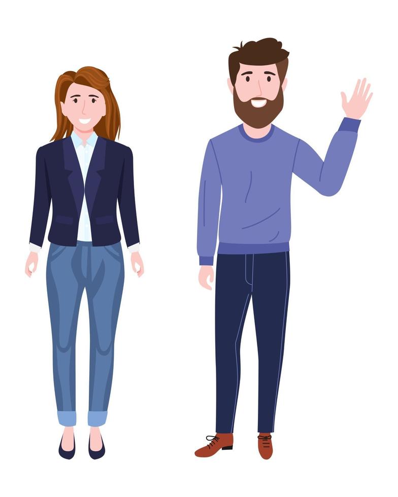 Young happy businessman and businesswoman characters wearing colorful business outfit standing posing and waving vector