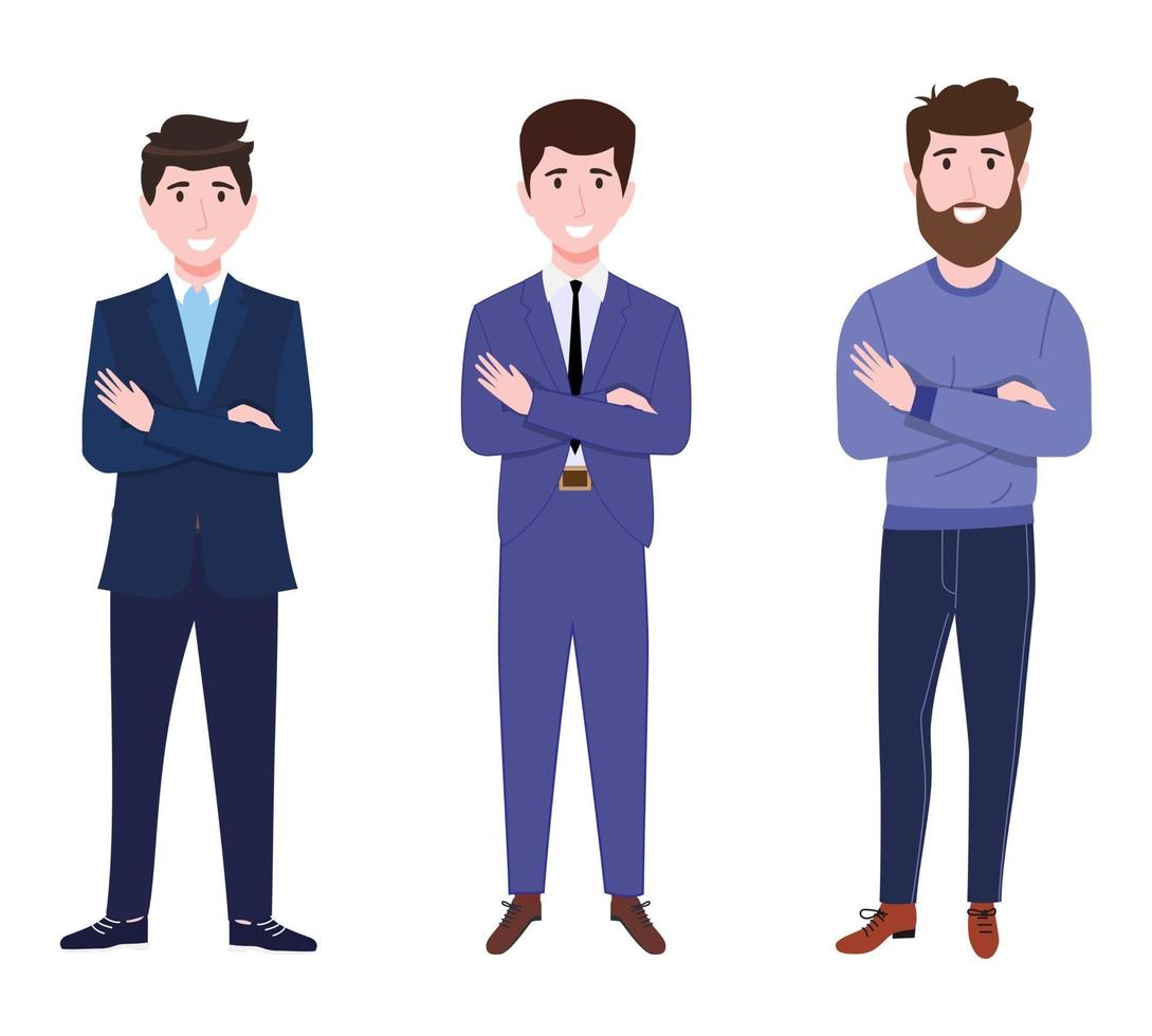 Equipo de personajes de jóvenes empresarios felices vistiendo traje de negocios de pie y posando vector