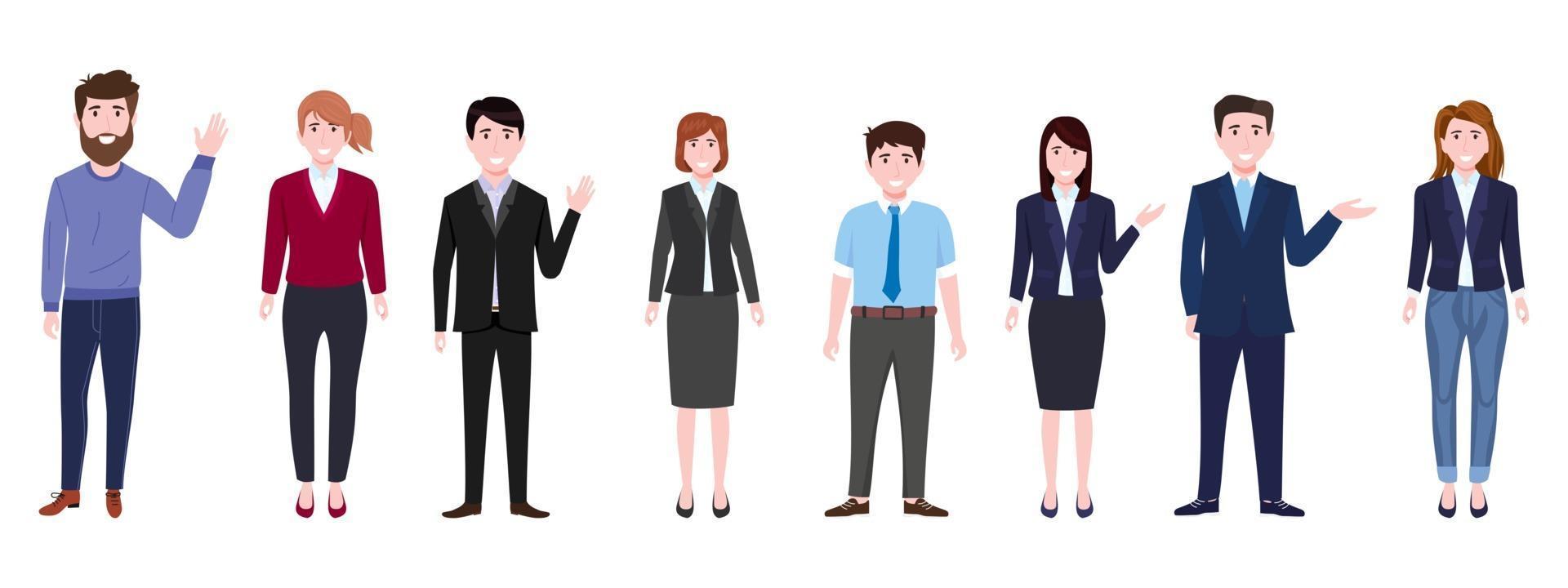 Young happy businessmen and businesswomen characters team wearing business outfit standing and waving vector