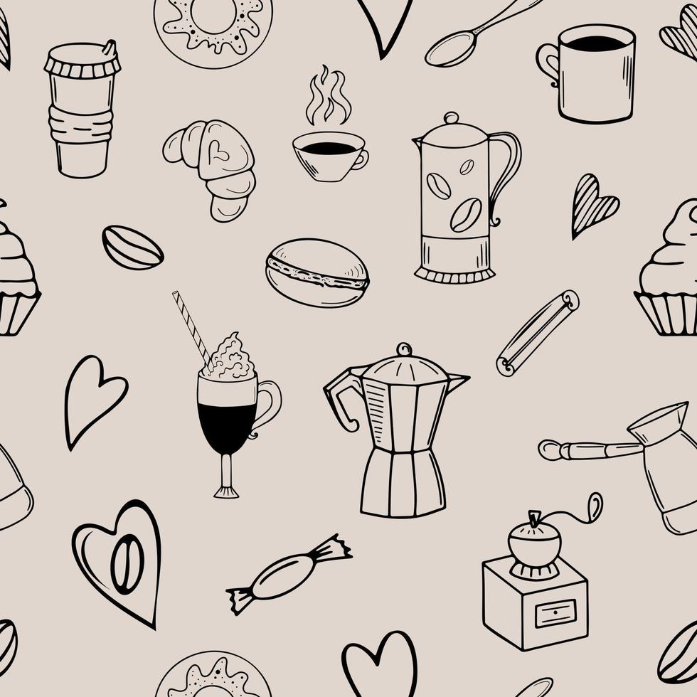 Seamless coffee doodle pattern on beige background vector