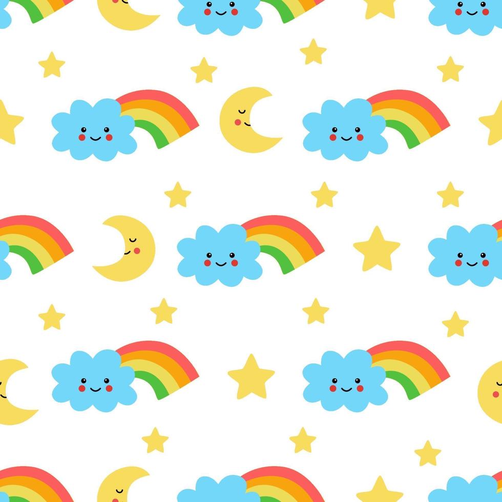 Seamless pattern with cute rainbow clouds and crescents vector