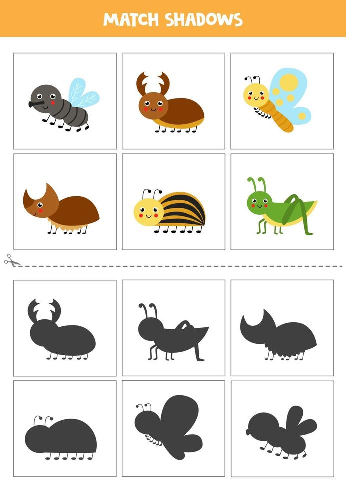 Find shadows of cute insects Cards for kids vector