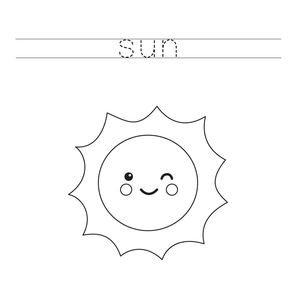 Tracing letters with cute kawaii sun Writing practice for kids vector