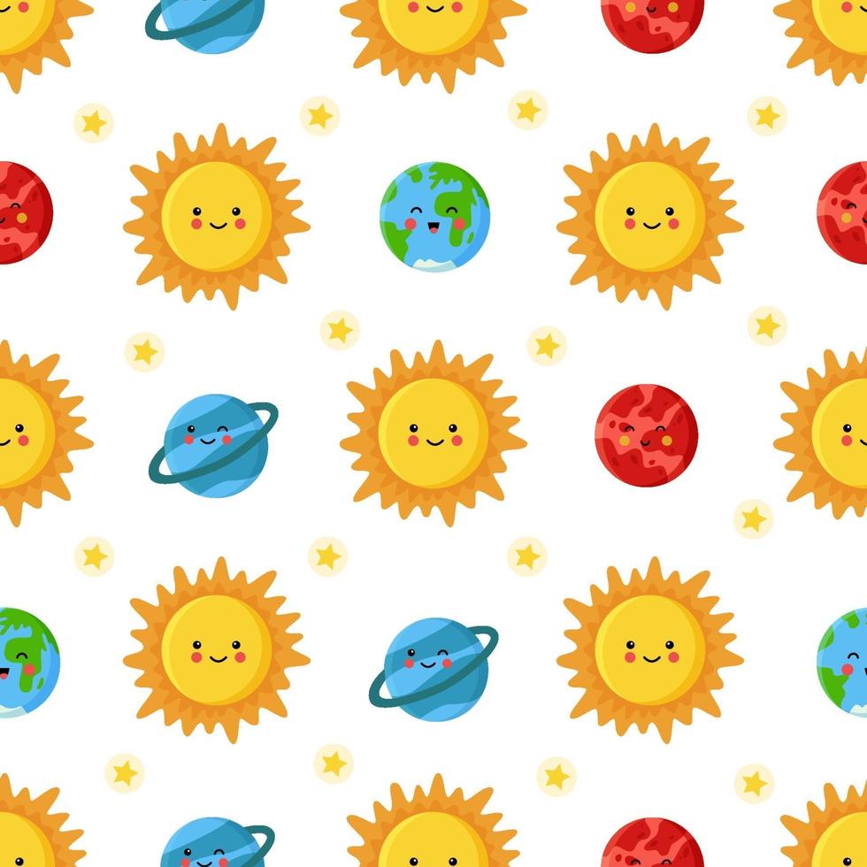 Seamless pattern with cute sun and solar system planets vector