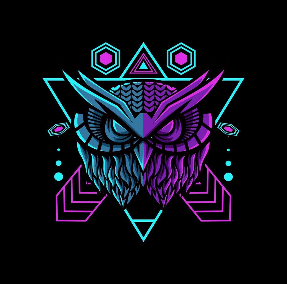 owl geometric mascot with neon color vector