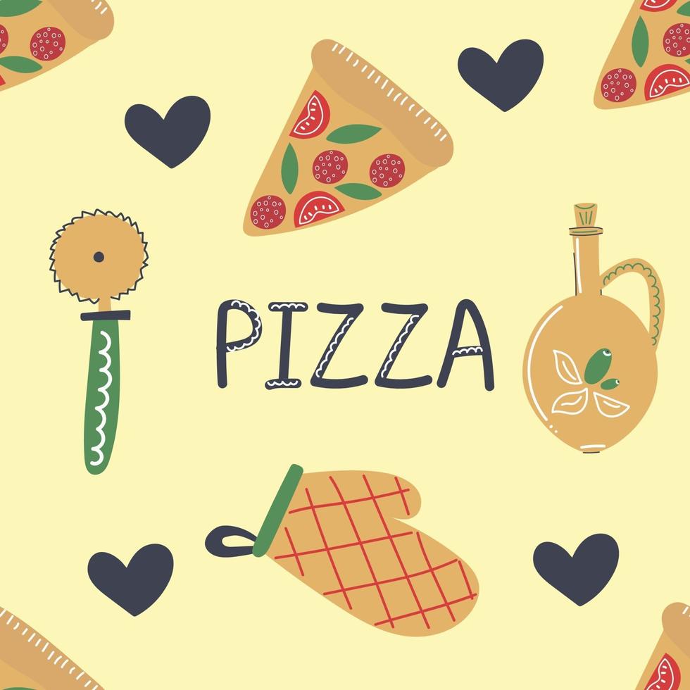 Seamless pattern of hand drawn pizza making elements Flat illustration vector