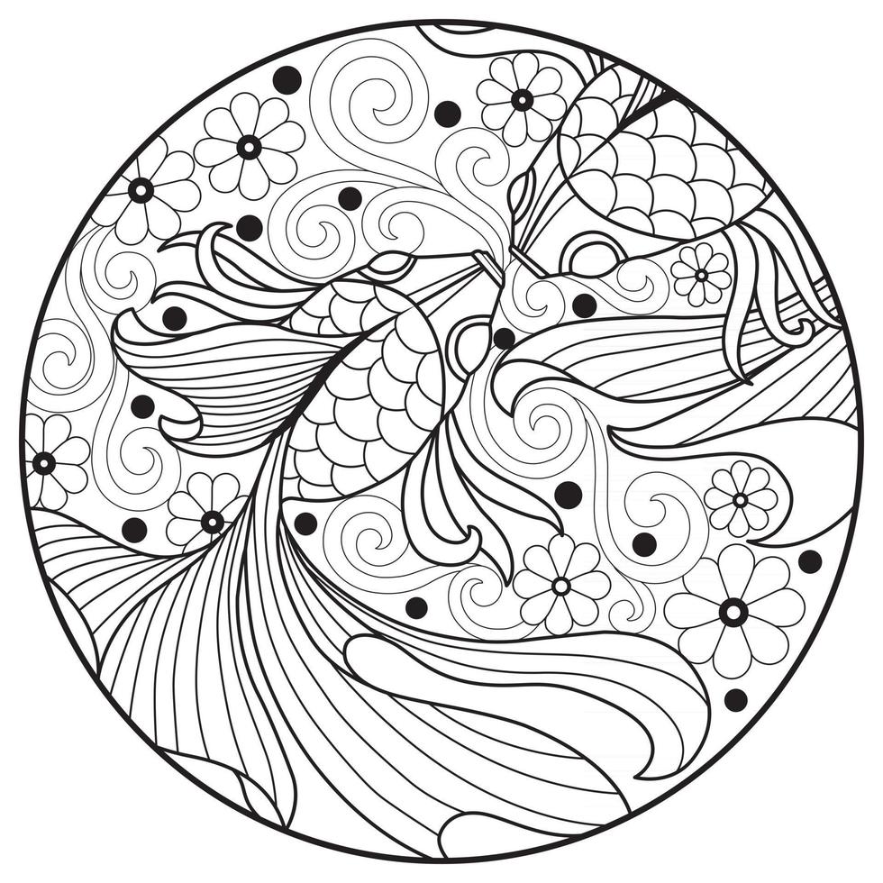 Two fish with flower, Hand drawn sketch for adult colouring book vector