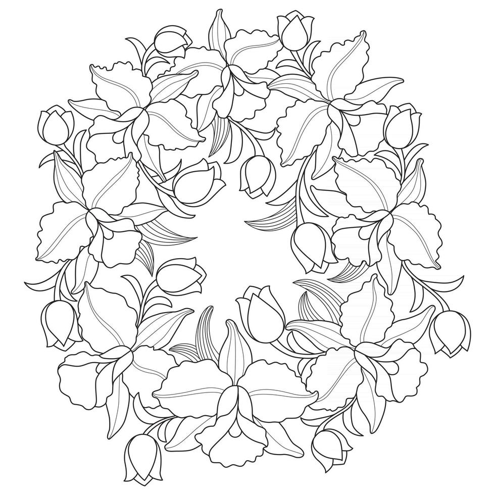 Orchid flower wreath, Hand drawn sketch for adult colouring book vector