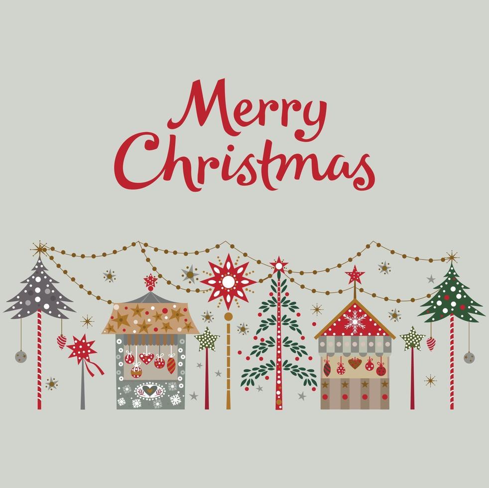 Merry Christmas card with tree and shops Vector illustration