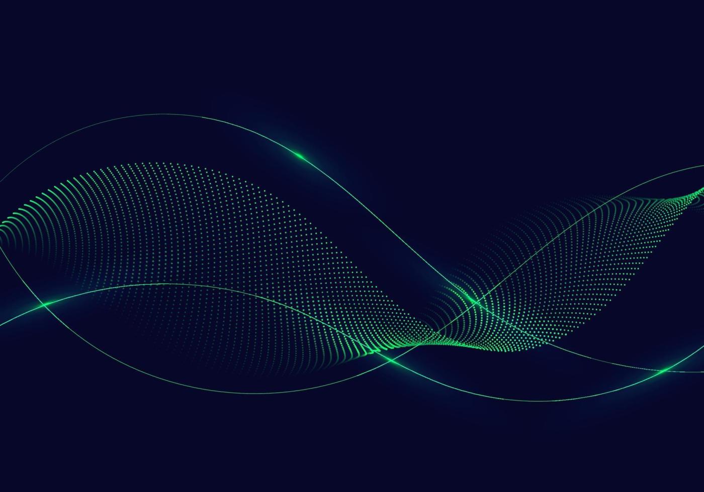 Abstract green wavy lines with dots particles and lighting vector