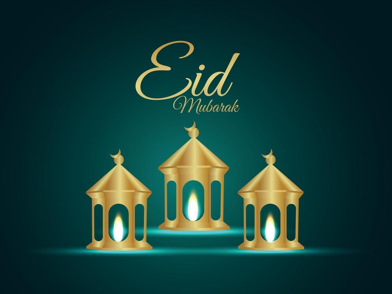 Eid mubarak invitation greeting card with vector illustration of golden lantern on creative background