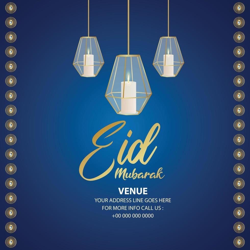 Eid mubarak islamic festival invitation greeting card with crystal candle lantern vector