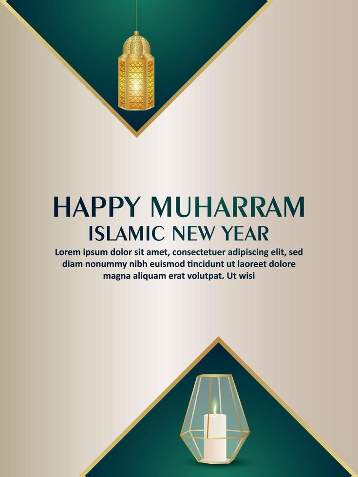 Islamic new year happy muharram celebration greeting card with creative arabic vector lantern