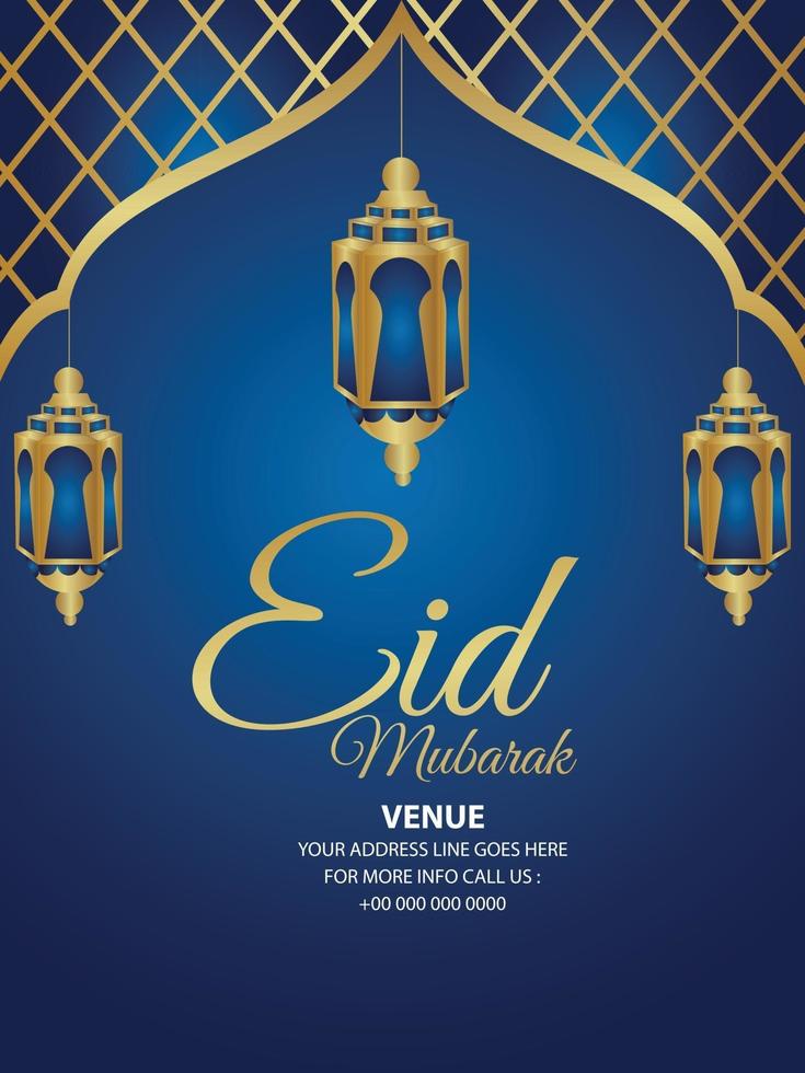 Eid mubarak celebration party poster with creative golden lantern vector