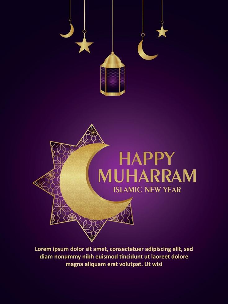 Creative golden pattern moon of happy muharram celebration party poster on purple background vector