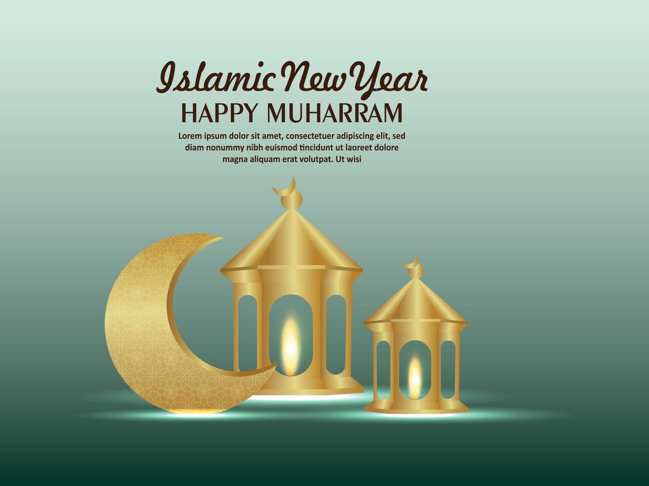 Islamic new year invitation greeting card with golden lantern and pattern moon vector