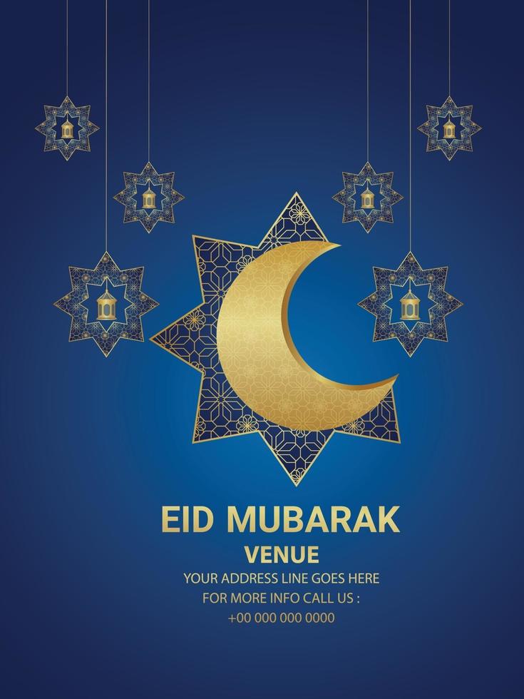 Tarjeta de felicitación de invitación de eid mubarak con luna de patrón creativo sobre fondo de patrón vector