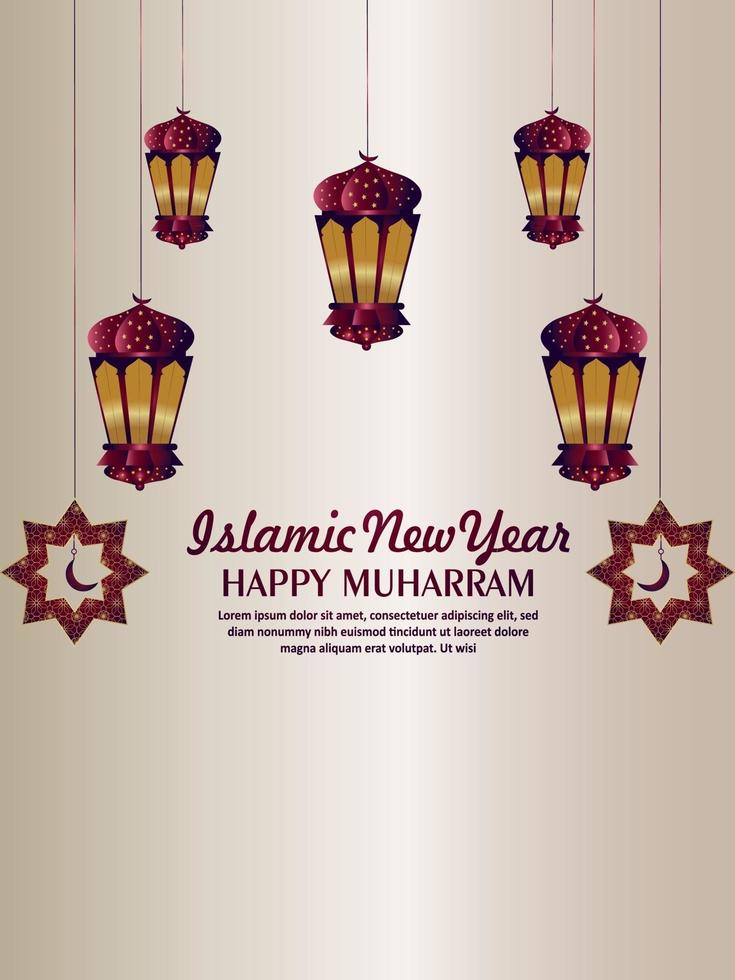 Folleto de fiesta de celebración de año nuevo islámico feliz muharram con linterna plana vector