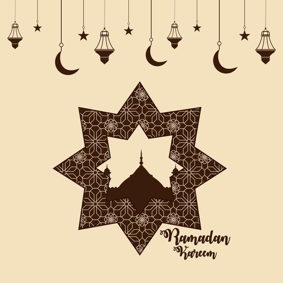 Tarjeta de felicitación de invitación de Ramadán Kareem con linterna dorada sobre fondo de patrón vector