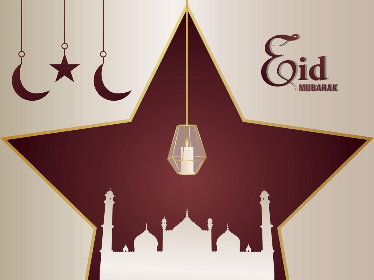 Flat design of eid mubarak islamic invitation greeting card with crystal lantern vector