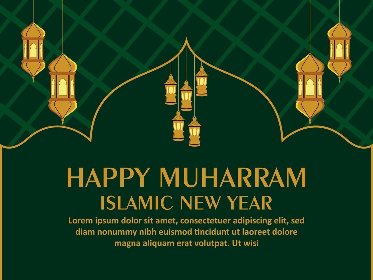 Happy muharram islamic golden lantern and moon on pattern moon vector