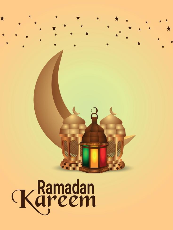 Folleto de fiesta de invitación de Ramadán Kareem con luna dorada islámica y linterna árabe vector