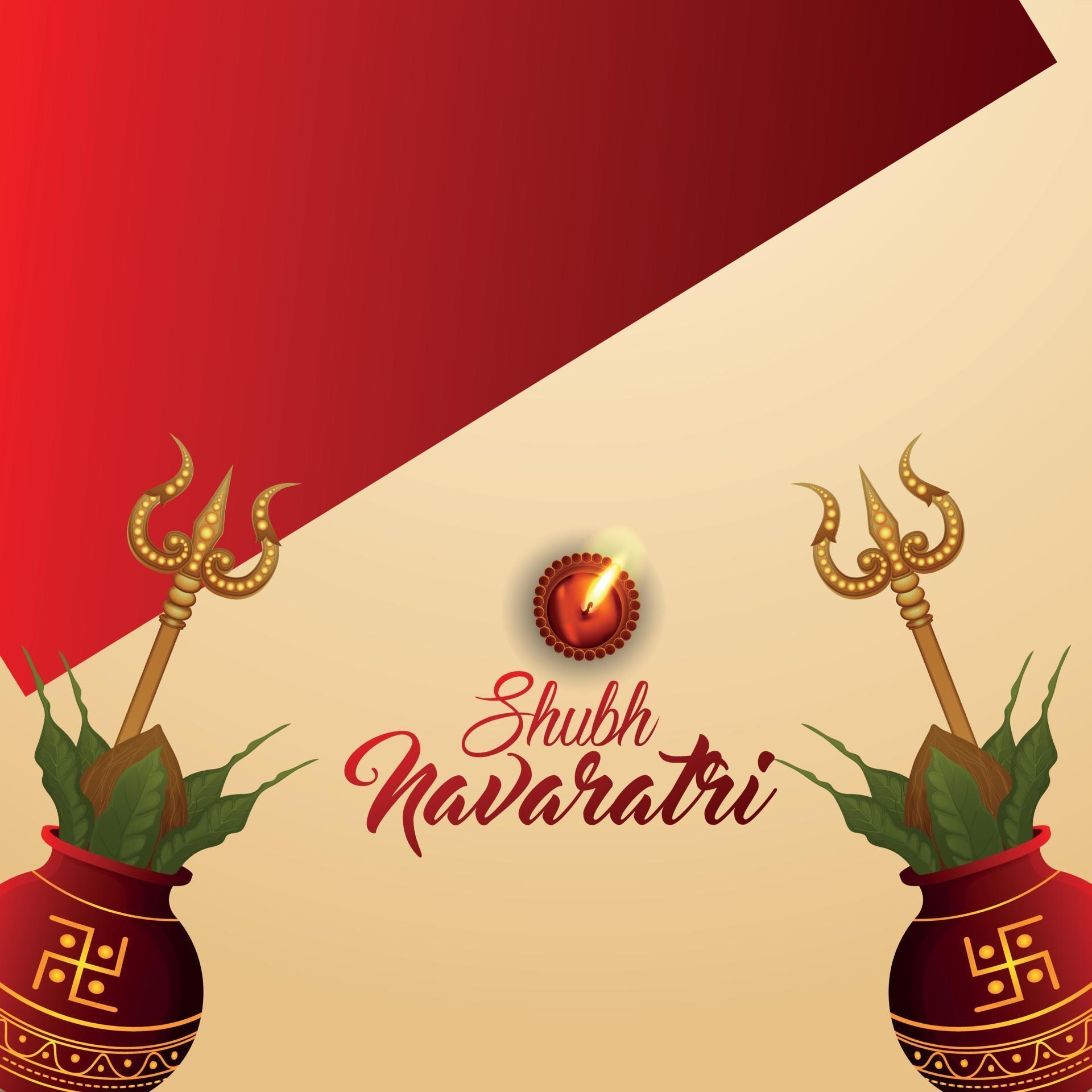 Shubh navratri invitation greeting card with traditional kalash and