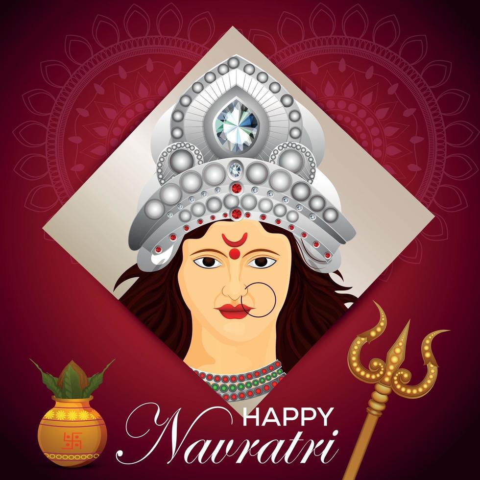 Ilustración de vector de tarjeta de felicitación de celebración de navratri feliz con ilustración de cara de diosa Durga